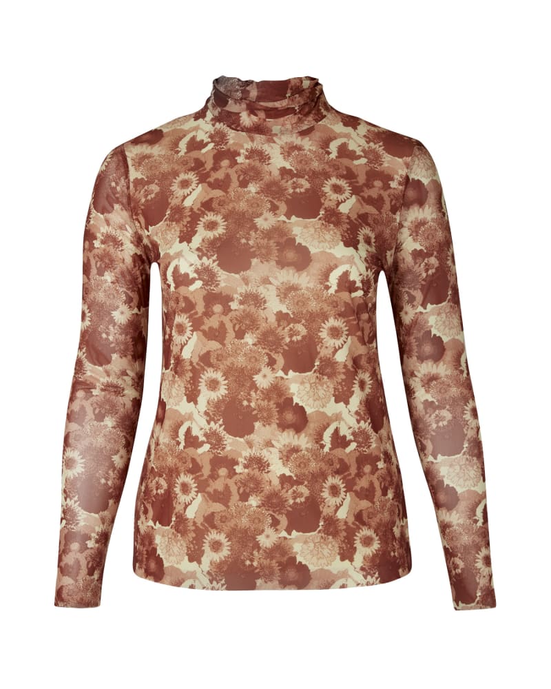 Plus Size Printed Mesh Long Sleeve Rollneck | Marsala